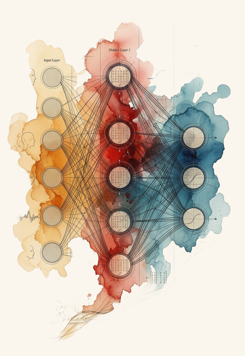 Watercolor diagram of a multilayer perceptron neural network — three vertical columns of perceptrons in warm yellow, deep red, and steel blue, with overlaid mathematical notation.
